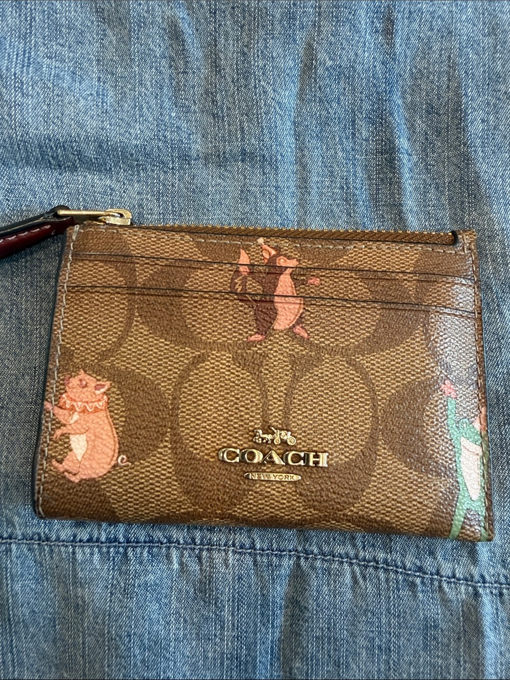 Coach Brown Signature Card Case with Pink Character Accents